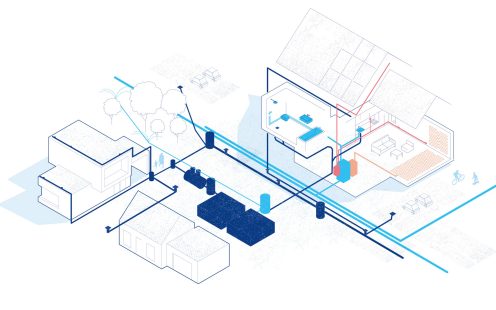 City residential area with infrastructure and building in-house systems