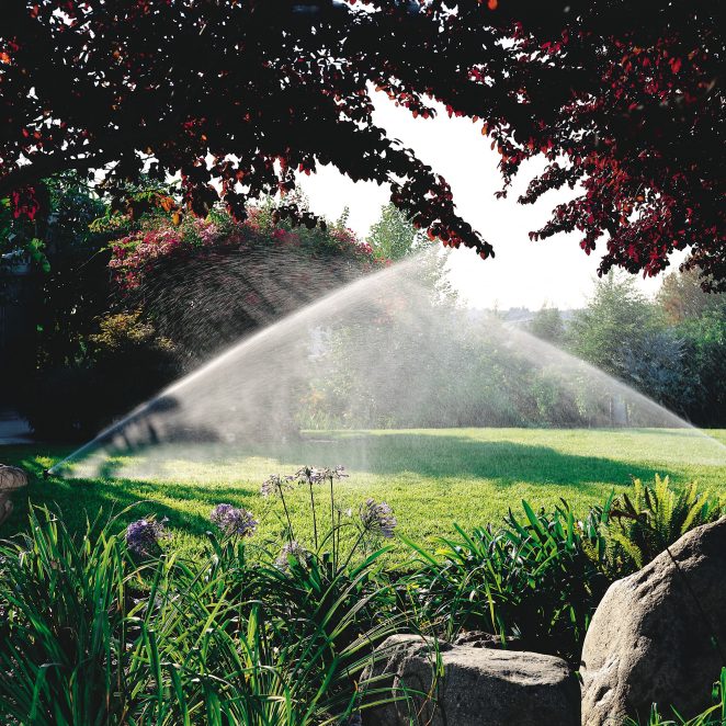Garten bewässert mit Regnern